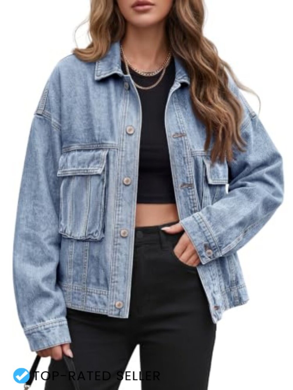 Oversized 100% Cotton Denim Jacket Button Down Boyfriend Fit